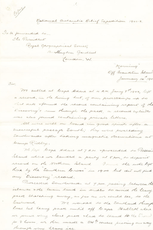 Letter from William Colbeck to Sir Clements Markham DUNIH 1.014