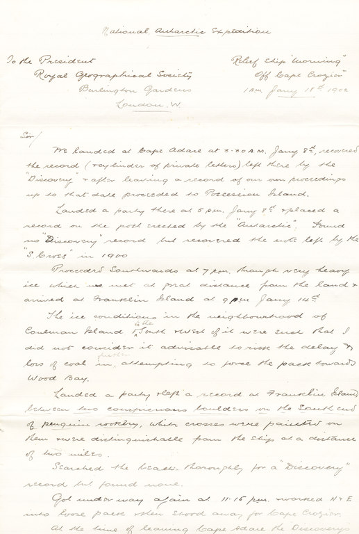 Letter from William Colbeck to Sir Clements Markham DUNIH 1.016