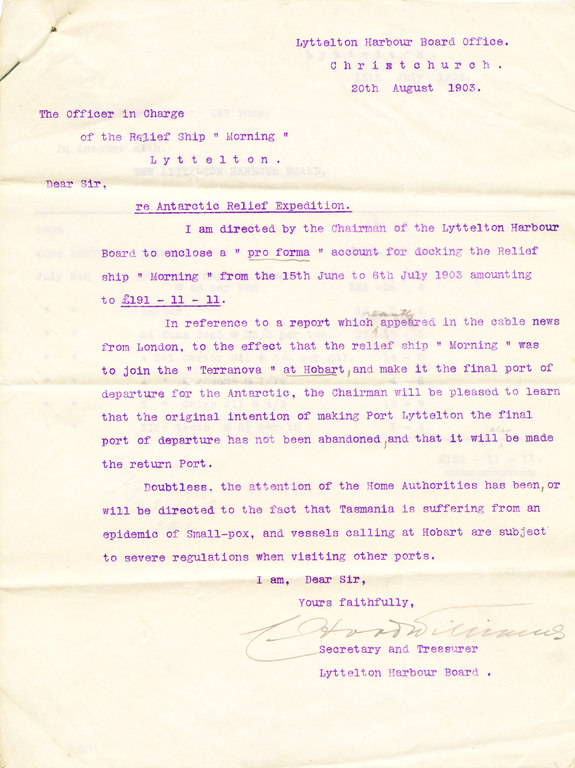 Letter from Lyttelton Harbour re. docking fees DUNIH 1.030