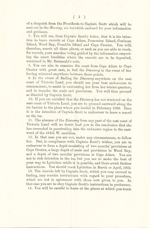 Printed instructions for voyage to Colbeck from Markham DUNIH 1.034
