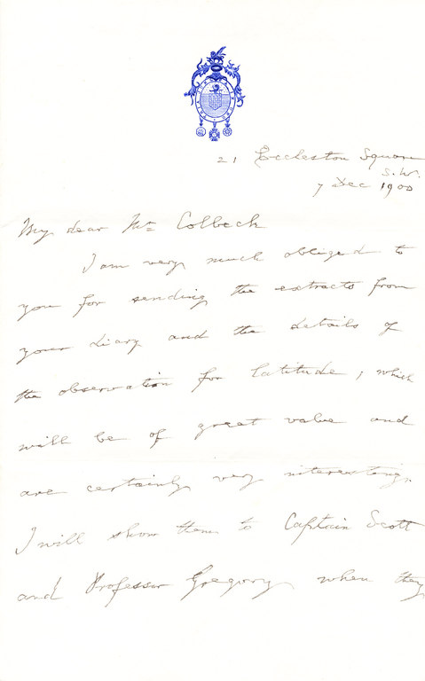 Letter from Markham thanking Colbeck for diary extracts DUNIH 1.059