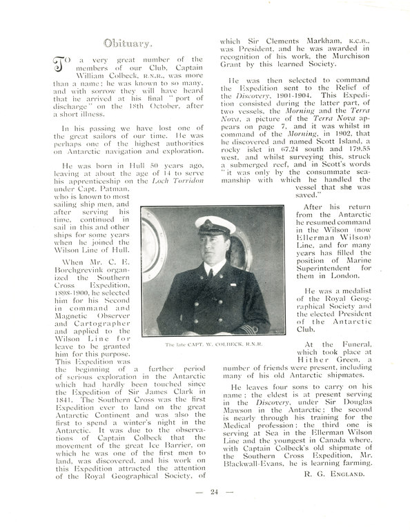 Obituary of William Colbeck from 'Seven Seas' magazine DUNIH 1.072