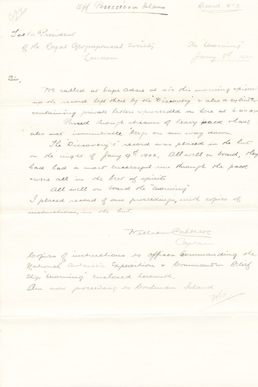 Letter to Royal Geographical Society Possession Islands DUNIH 1.080