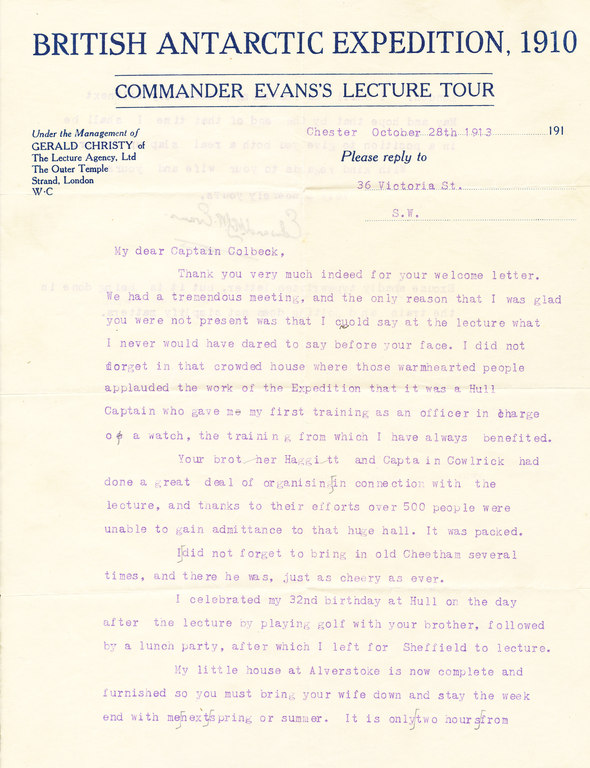 Typed letter to Colbeck re. Evan's lectures DUNIH 1.112
