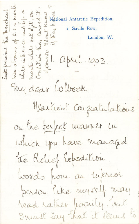 Letter re. congraulating Colbeck on sucessful mission DUNIH 1.141