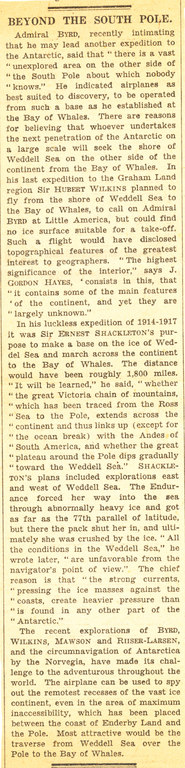Newspaper cutting, entitled 'Beyond the South Pole' DUNIH 1.215