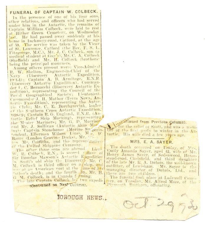 Newspaper cutting re. details of W. Colbeck's funeral DUNIH 1.247