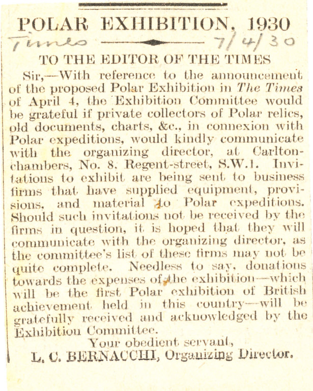 Letter in the Times from Bernacchi re. Polar Exhibition DUNIH 1.269
