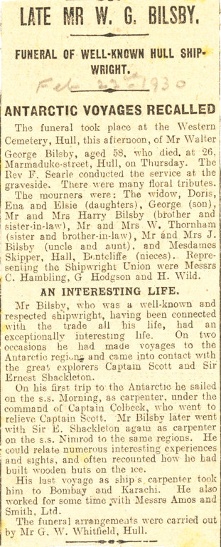Newspaper cutting, re. funeral of Mr Bilsby (shipwright) DUNIH 1.279