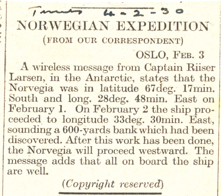 Article re. position of Norvegia in Feb 1930 DUNIH 1.284