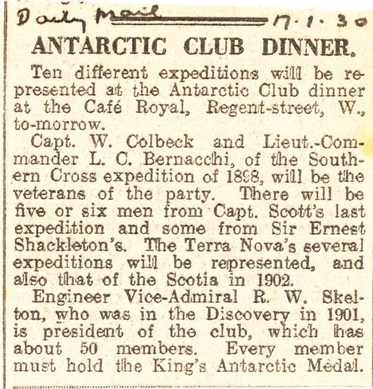 Cutting, Daily Mail, re. Antarctic Club Dinner DUNIH 1.287