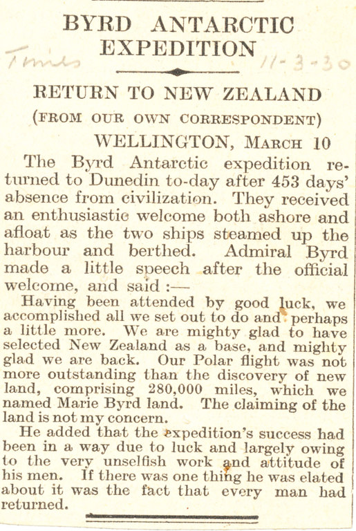 Return of the Byrd Expedition to New Zealand. DUNIH 1.290
