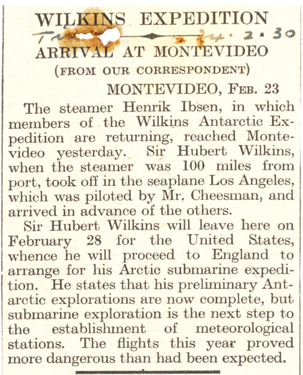 Newspaper cuttings refeing to the Wilkins Expedition DUNIH 1.301