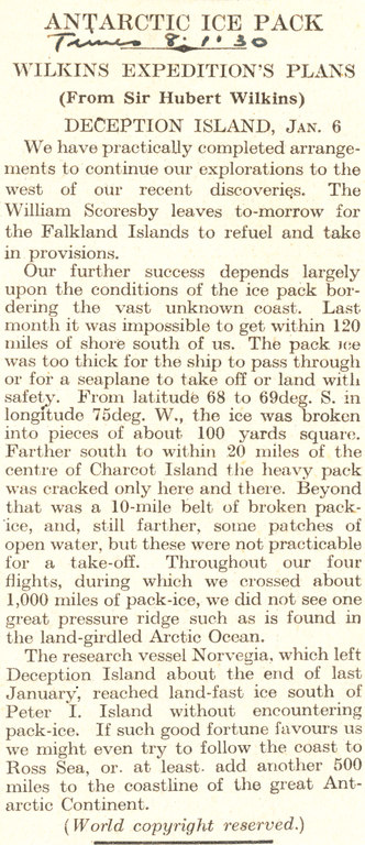 Article 'Antarctic Pack Ice - Wilkins Expedition Plans' DUNIH 1.312