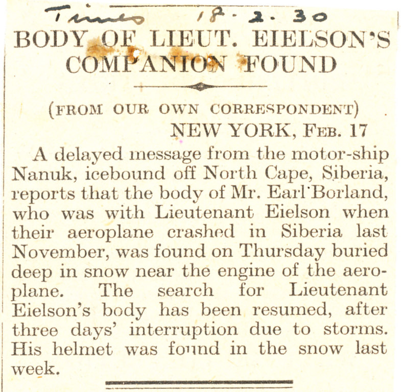 Article re. bodies of Lt. Eielson & companion discovered DUNIH 1.322
