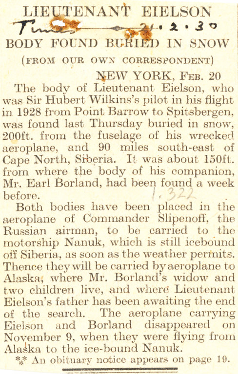Article re. bodies of Lt. Eielson & companion discovered DUNIH 1.322