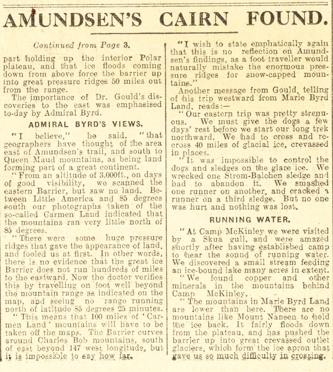 Article re. Byrd Expedition finding Amundsen's Cairn DUNIH 1.329
