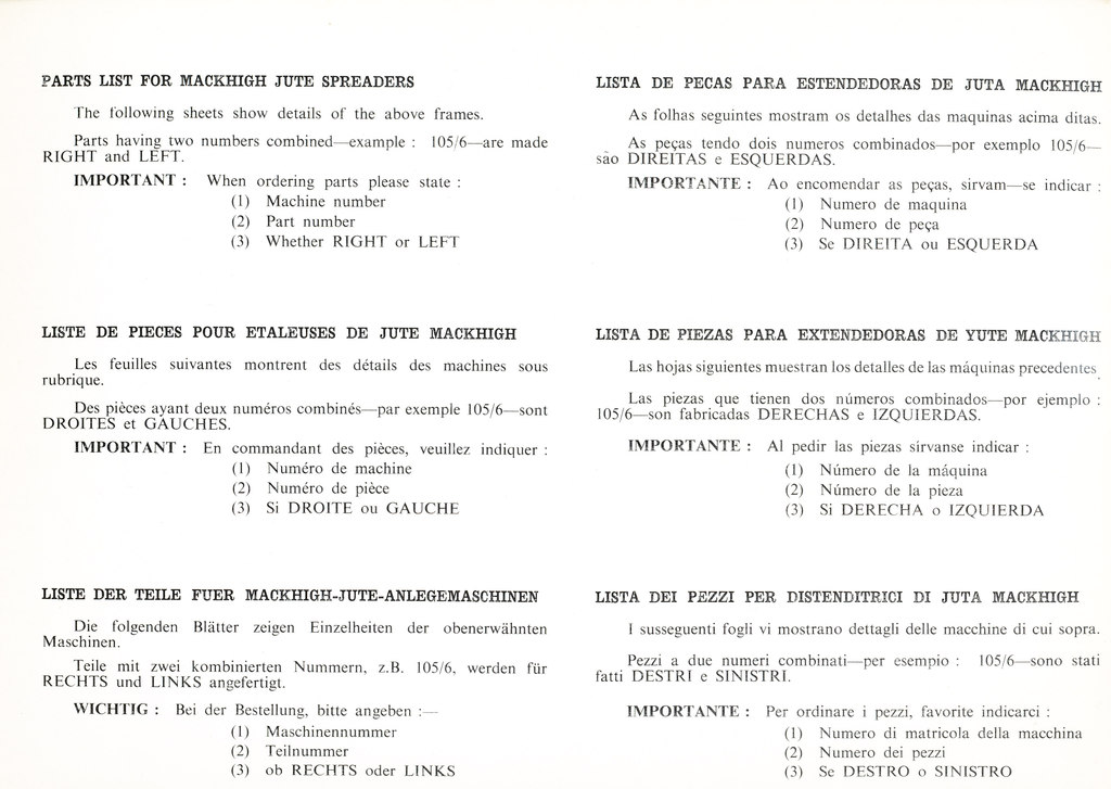 Parts List for Mackhugh jute spreaders DUNIH 126