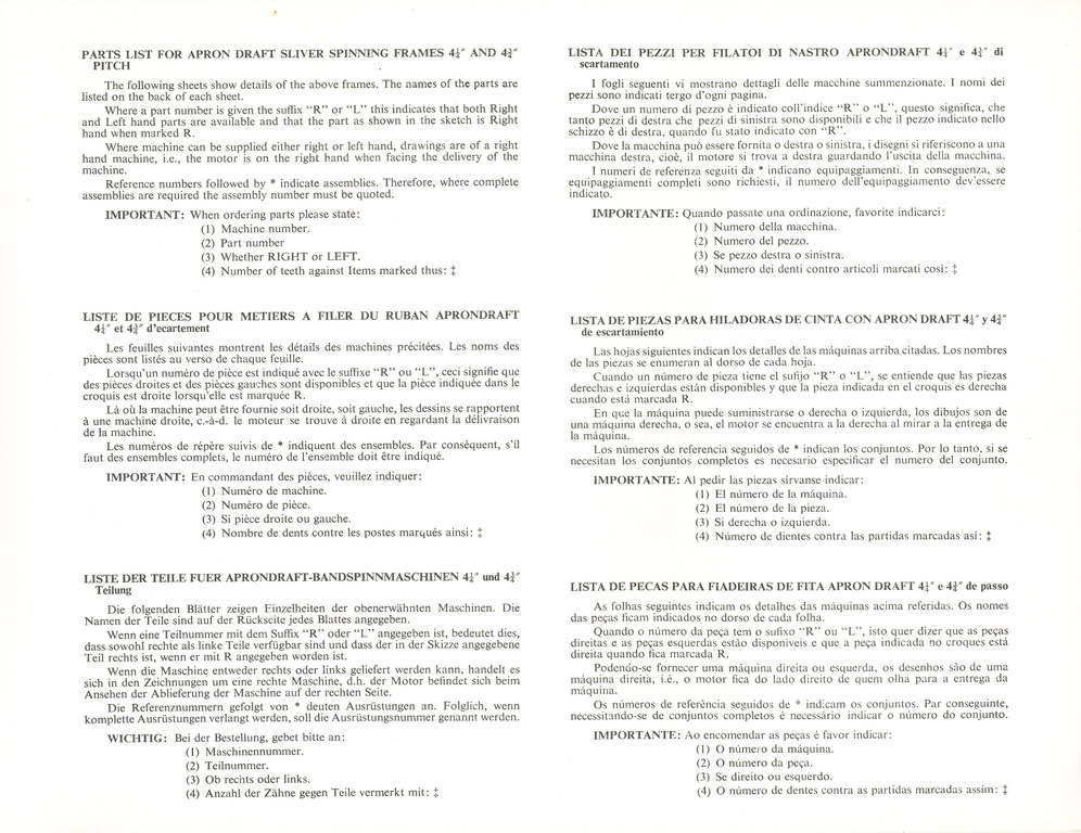 Parts List for apron draft sliver spinning frames. DUNIH 135