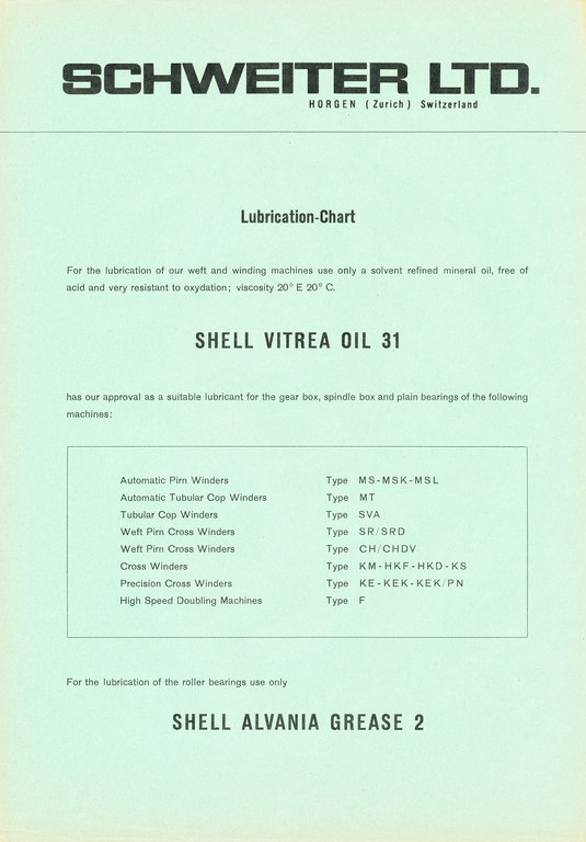 Leaflet detailing lubricants for winding machines DUNIH 176.11