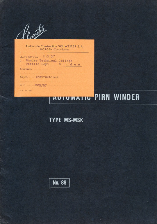Automatic pirn winder instruction booklet DUNIH 176.14