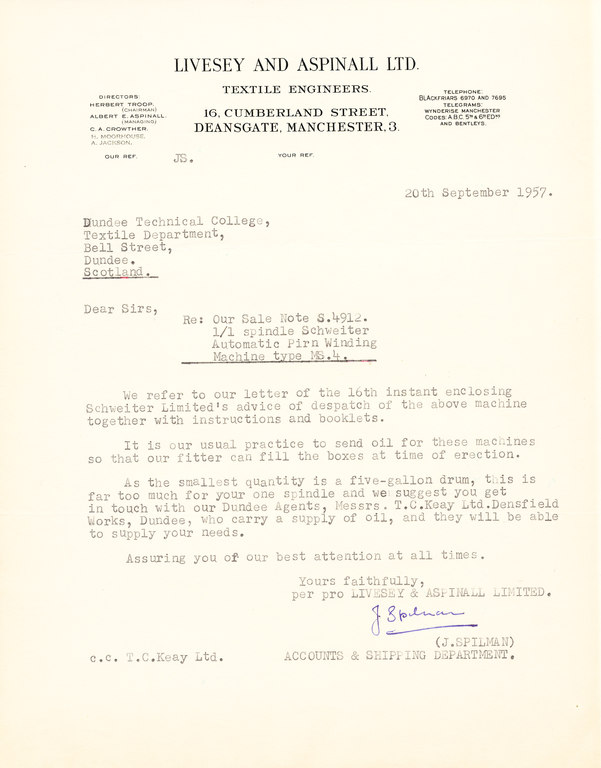 Letter from Livesey & Aspinall re. oil for Winding Machine DUNIH 176.2