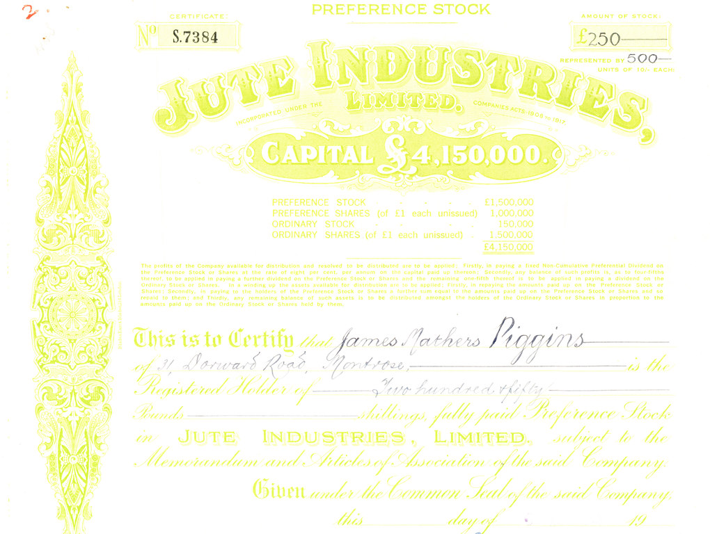 Share Certificates, Jute Industries Ltd. DUNIH 2005.10.1