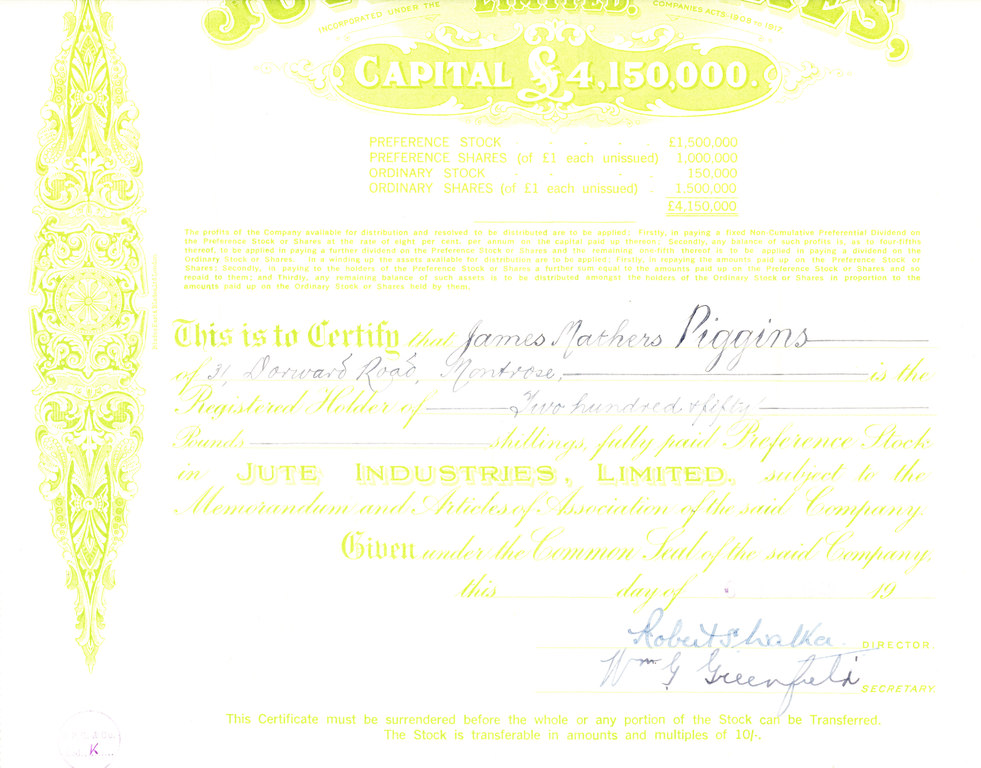 Share Certificates, Jute Industries Ltd. DUNIH 2005.10.1