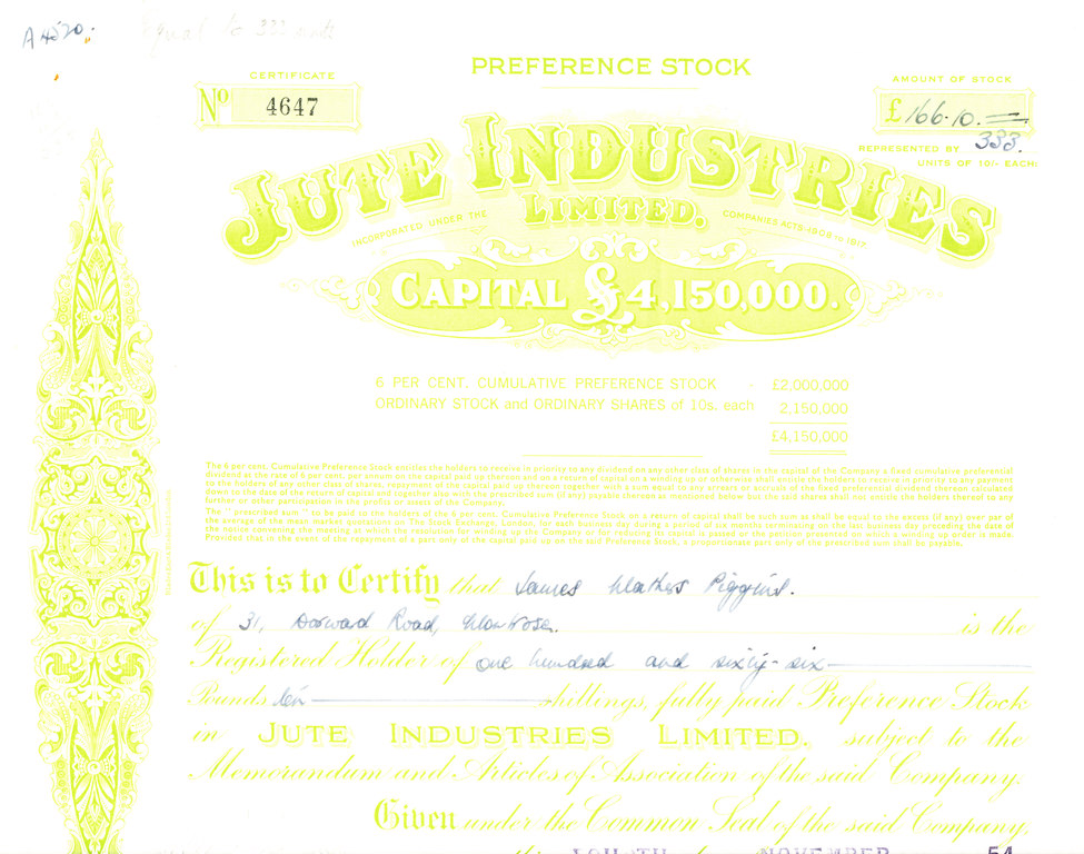 Share Certificates, Jute Industries Ltd. DUNIH 2005.10.3