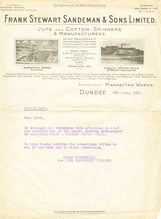 Letter from Frank Stewart, Sandeman & Sons Ltd, 1922 DUNIH 2006.1.38
