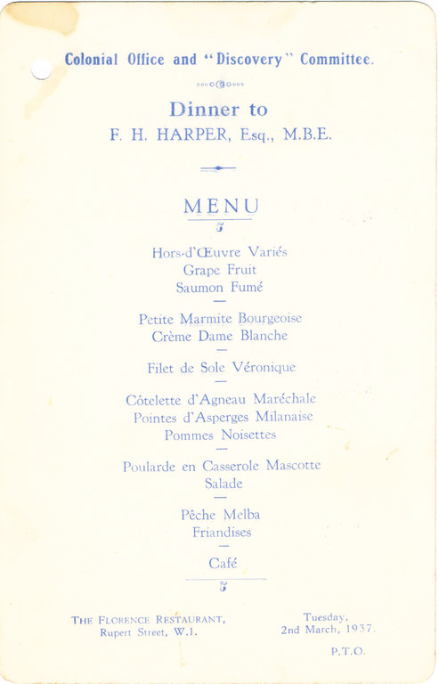 Menu for 'Colonial Office & Discovery Committee Dinner' DUNIH 2008.60.2