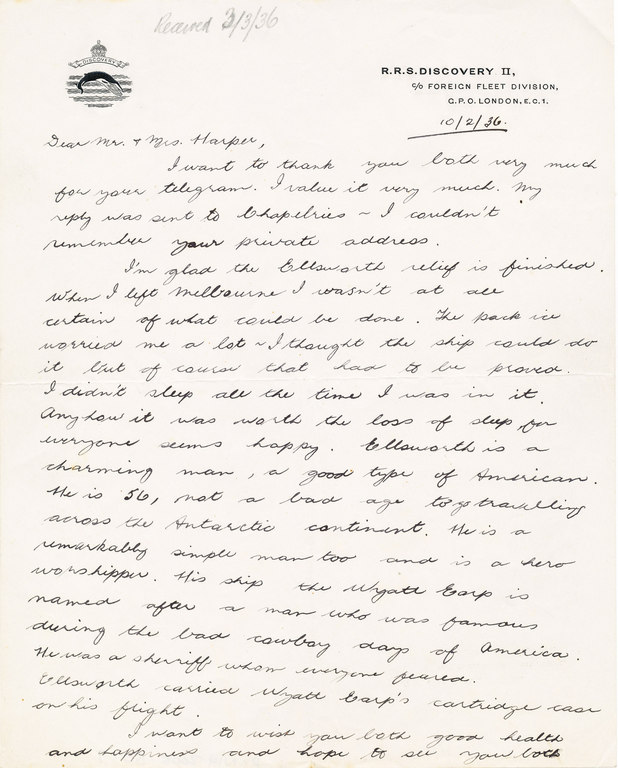 Letter to Mr and Mrs Harper from Leonard Hill DUNIH 2008.60.7