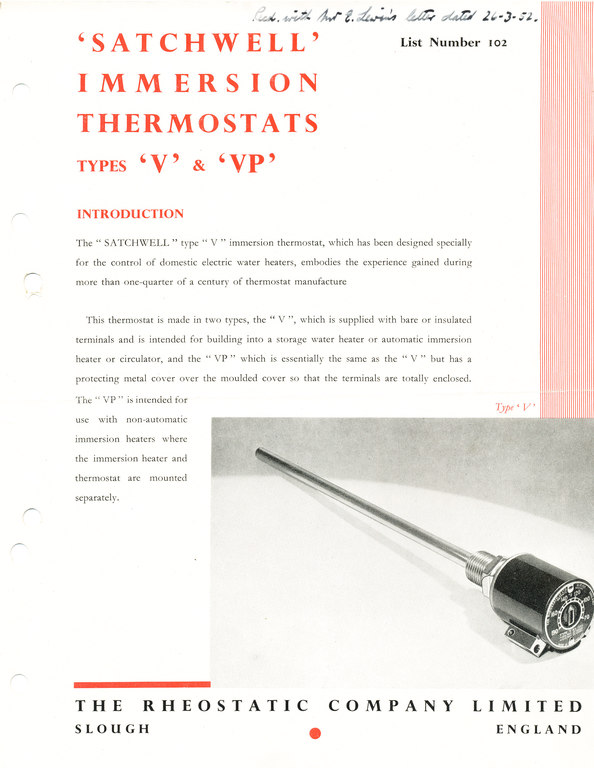 Satchwell' Immersion Thermostat Type 'V' & 'VP DUNIH 2009.82.8