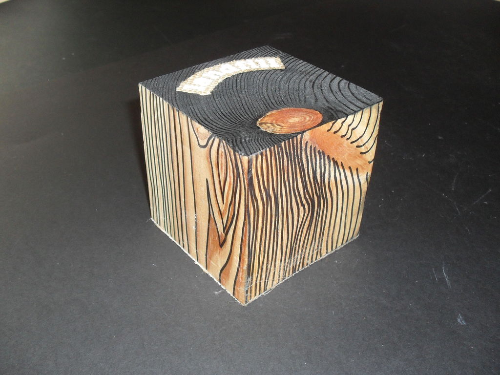 Cube with wood grain pattern and "landfill" on jute label. DUNIH 2011.1.17