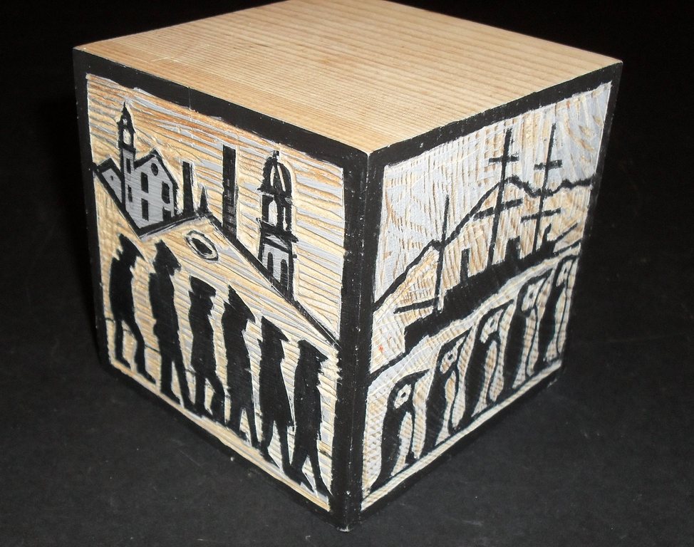 Cube carved  with scenes from Dundee DUNIH 2011.1.31