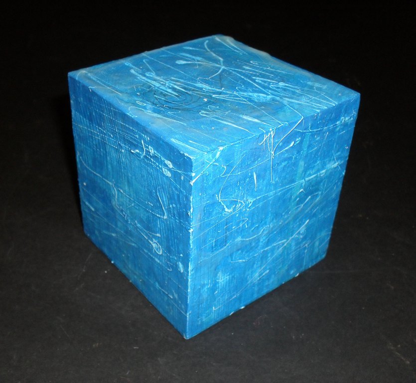 Cube painted in blue swirls. DUNIH 2011.1.49.1