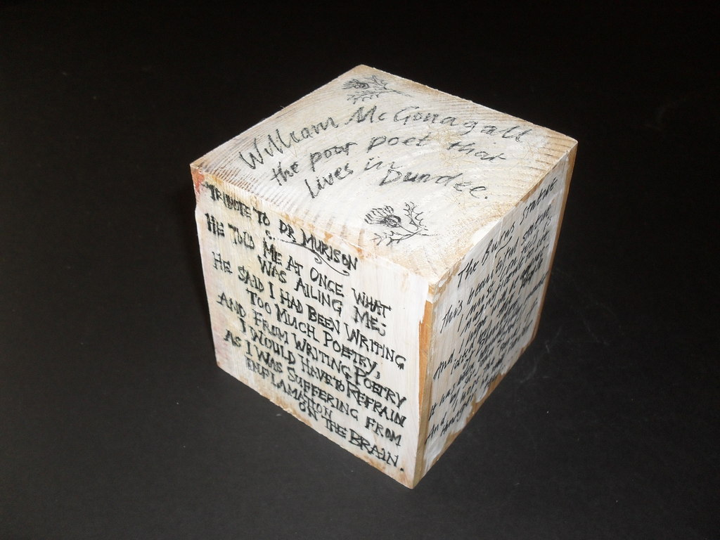 Cube featuring quotes of poet William McGonagall. DUNIH 2011.1.56