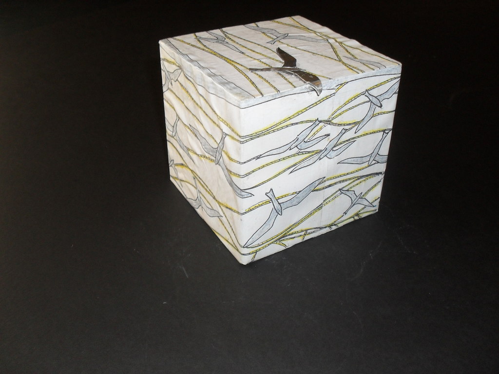Cube covered in paper with a sea bird and ropes design DUNIH 2011.1.79