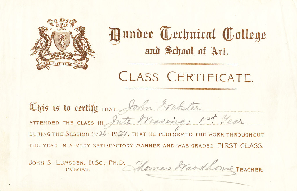 Jute Weaving: 1st Year Certificate, John Webster DUNIH 268.2.12