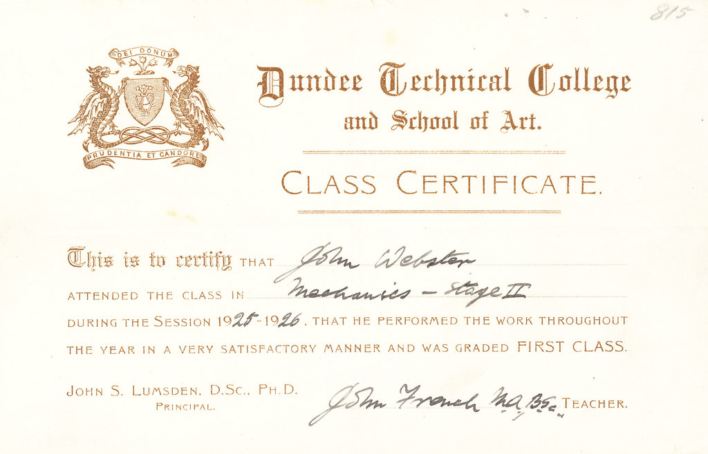 Mechanics Stage II Certificate, John Webster DUNIH 268.2.3