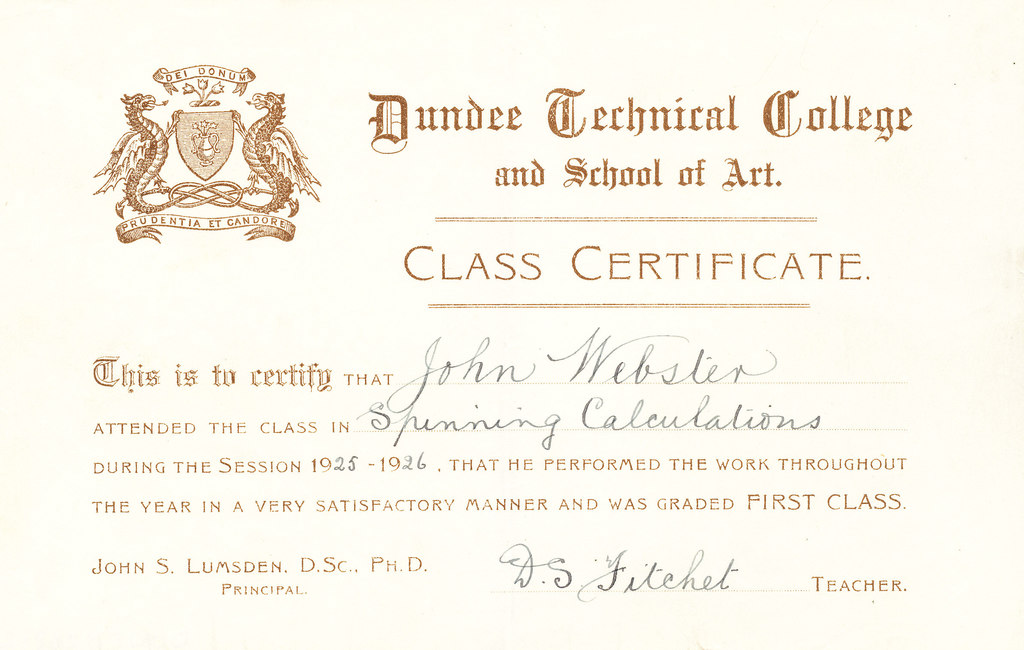 Spinning Calculations Certificate, John Webster DUNIH 268.2.6