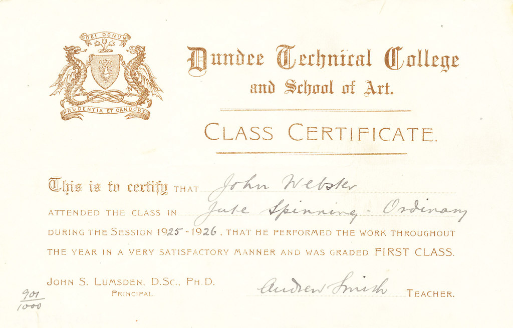 Jute Spinning Ordinary Certificate, John Webster DUNIH 268.2.8