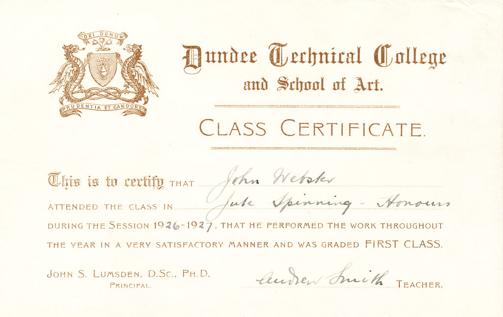 Jute Spinning Honours Certificate, John Webster DUNIH 268.2.9