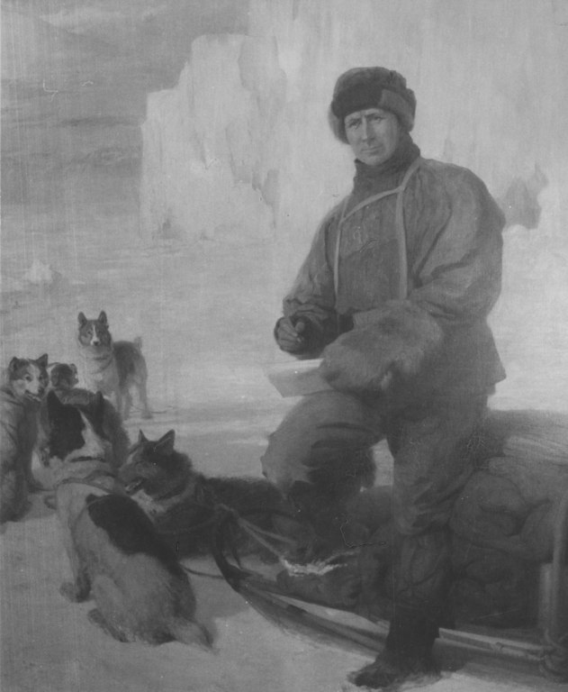 Of oil painting of Edward Wilson dressed in heavy snow gear, leaning on a sledge while drawing a sketch. K.16
