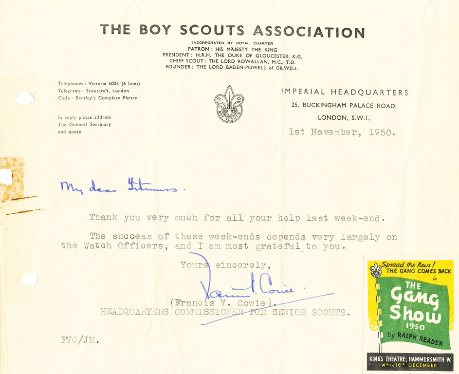 Letter from The Boy Scouts Association DUNIH 2009.14.32
