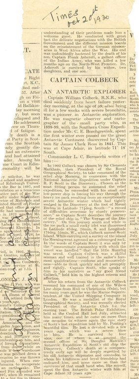 Newspaper Cutting re. W. Colbeck's obituary DUNIH 1.233
