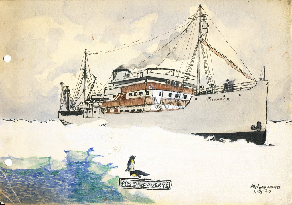 Watercolour sketch of Discovery II by A Woodward, 4th March 1933 DUNIH 2016.6.2