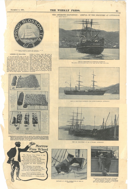 Newspaper cutting relating to the arrival of Discovery at Lyttelton DUNIH 2016.30.45.1