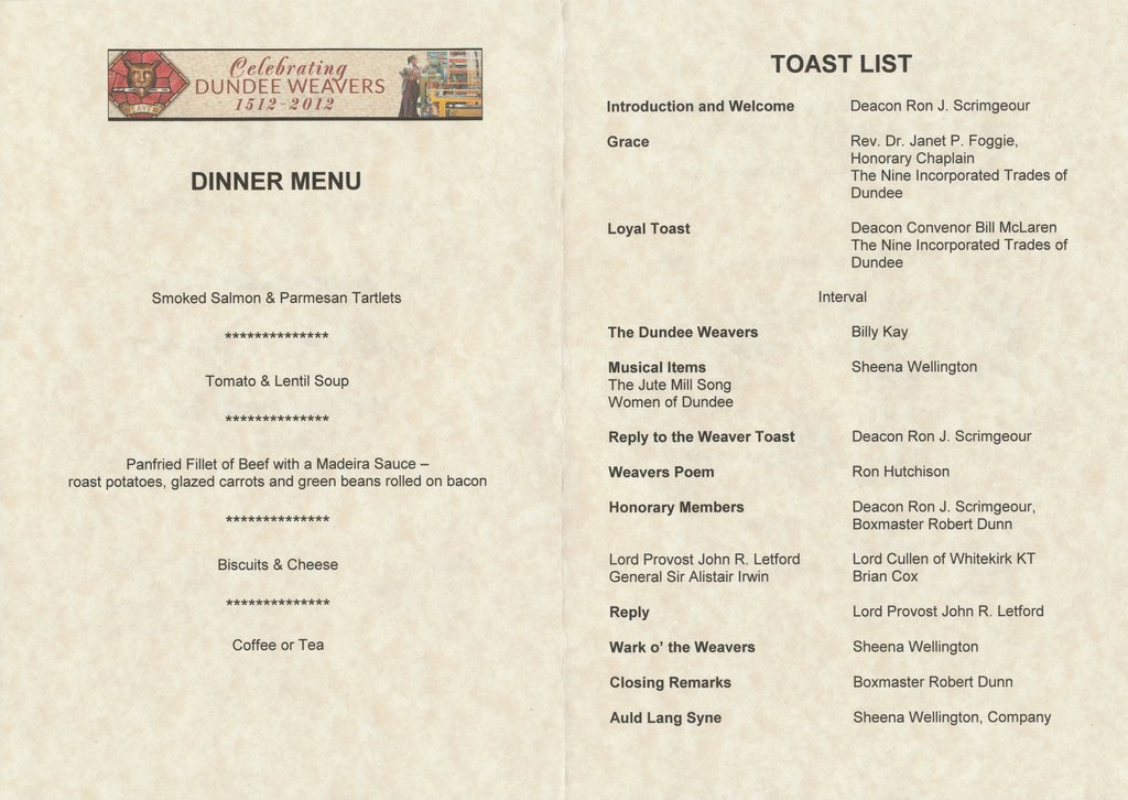 Menu Card, 500th Anniversary of the Dundee Weaver Craft DUNIH 2016.13.2