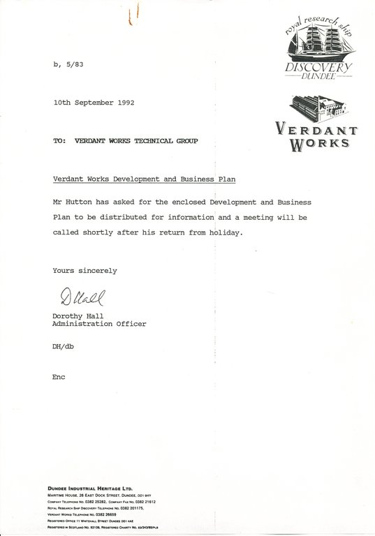 Letter relating to the booklet Verdant Works, dated 10th September 1992 DUNIH 2016.38.2